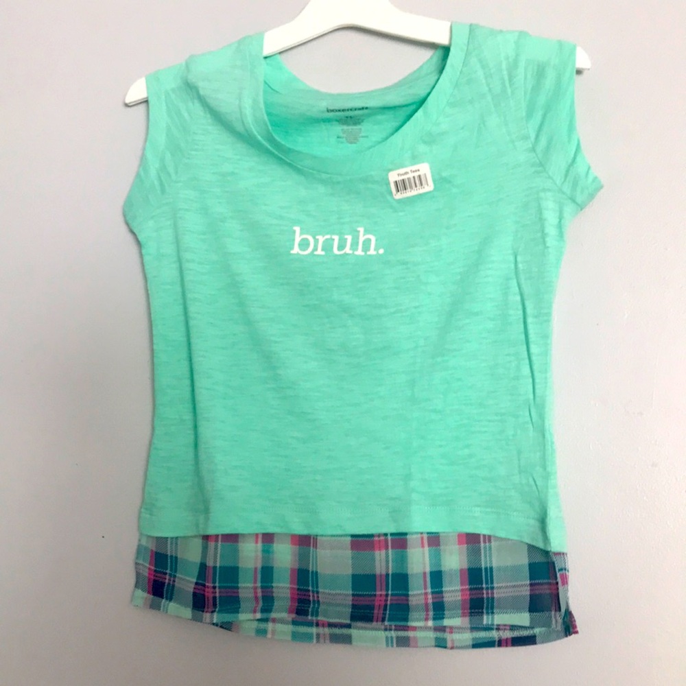 NWT Bruh Print Boxercraft Turq Sheer with Chiffon Hem Details Size Youth L